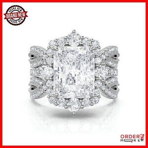 Sterling Silver Radiant Cut Diamond Wedding Ring Set Size 6